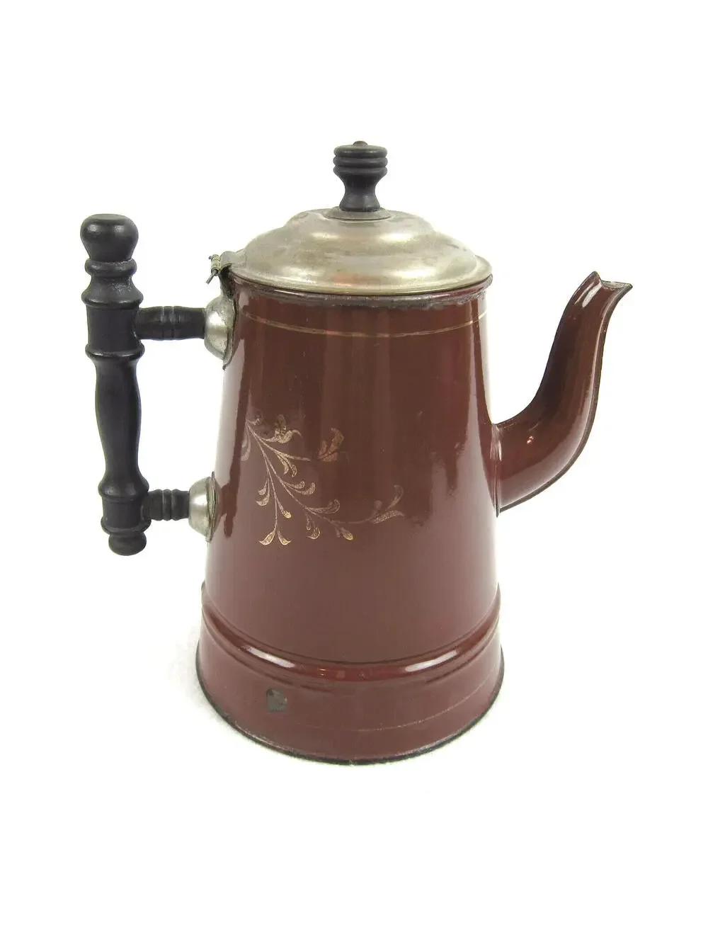 Antique Enamelware Coffee Pot Boiler Brown & Blue Flower Floral Lid Handle RARE